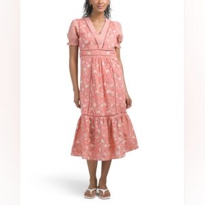 NWT - dRA Los Angelis Coral Floral Maisie Lace Trim Cotton Midi Dress - Size M